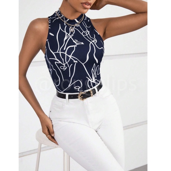 Abstract Face Print Navy Blue Sleeveless Top Slim Fit High Neck - Picture 2 of 8